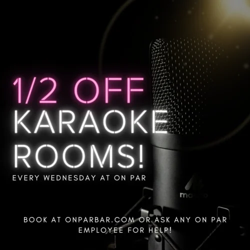 Promotion for 50% off Karaoke Rooms on Wednesdays. Image is the above text with a microphone on a black background.